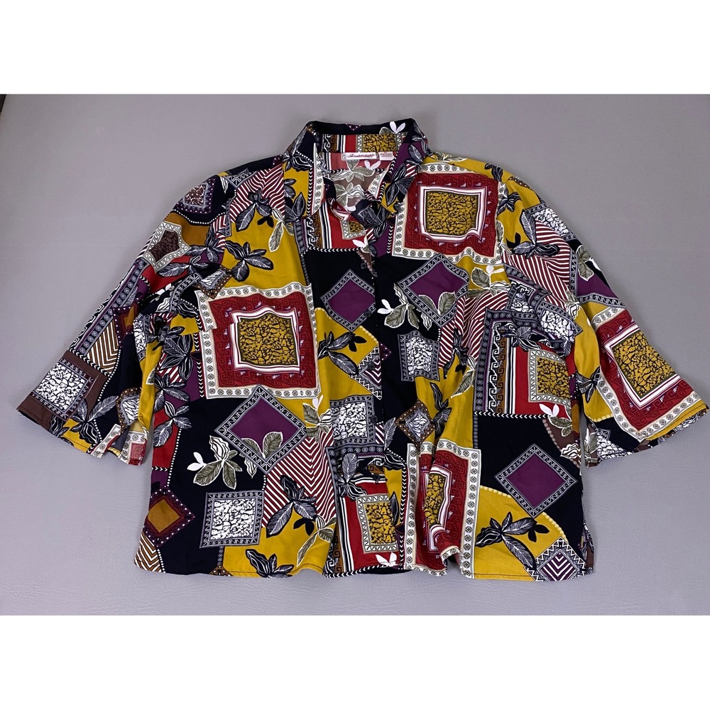 Joanna Blouse Plus Womens 3X Button Down Multicolor Geometric Floral Art To Wear